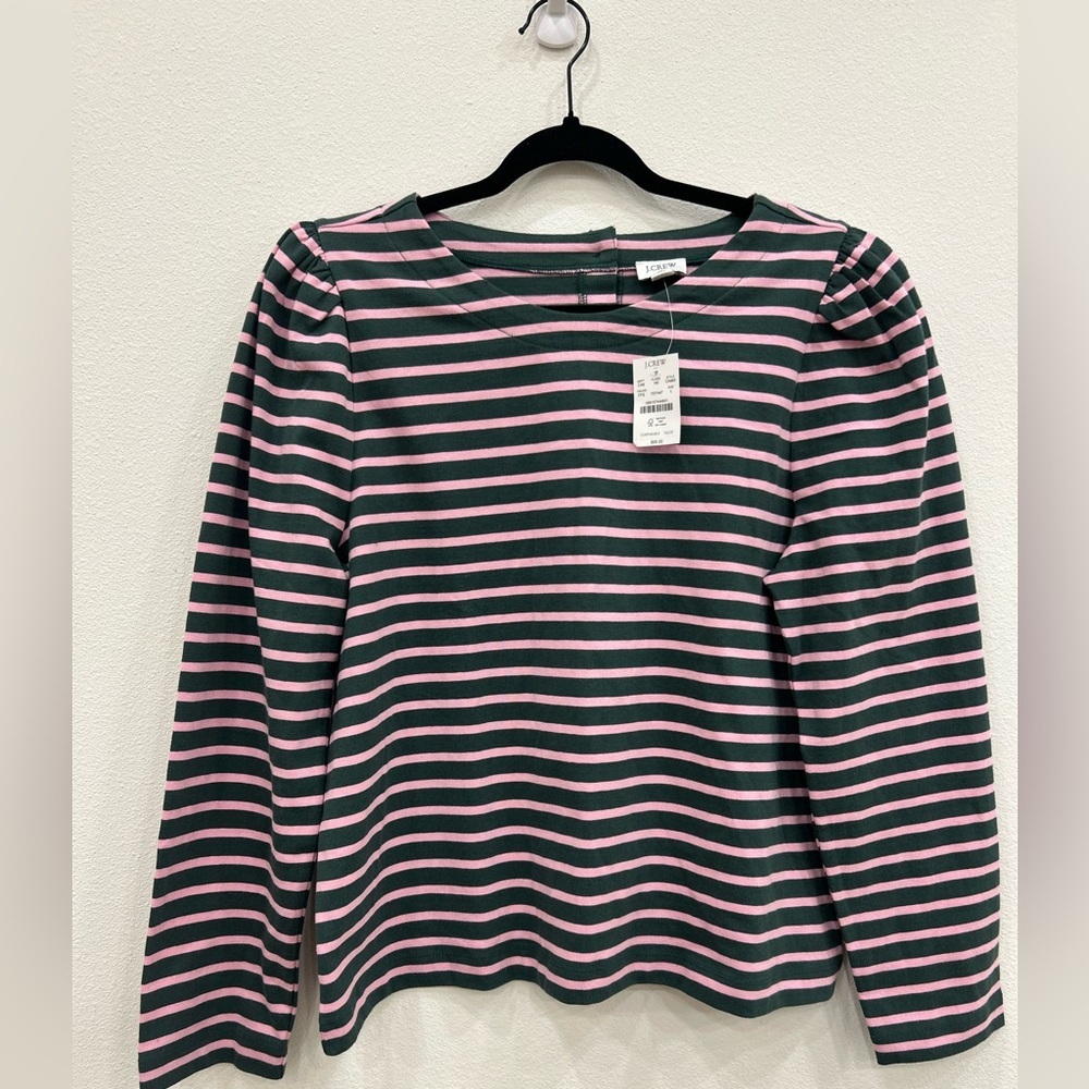 J. Crew NWT puff sleeve button back striped top LG preppy casual office